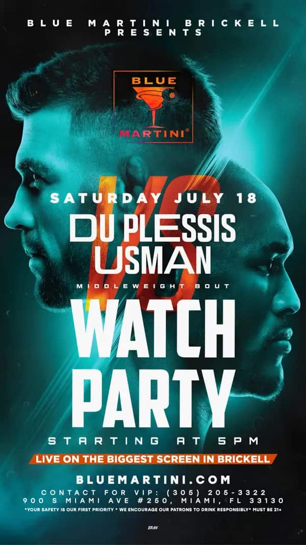Du Plessis vs Usman — Story size artwork designed by Bran Visuals for Blue Martini Brickell