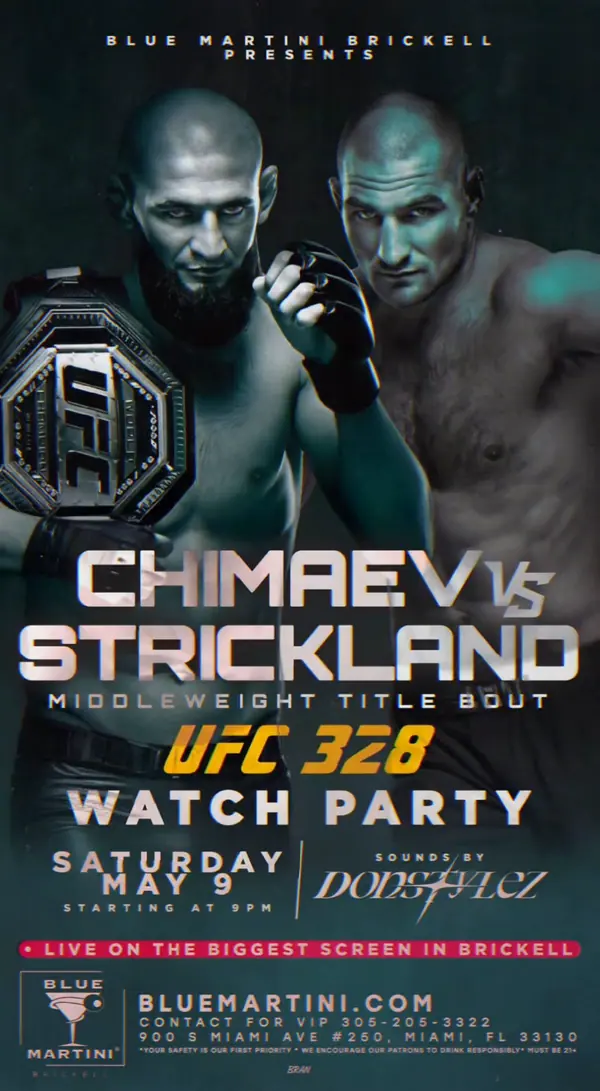 UFC 328 — Chimaev vs Strickland — Motion flyer video still designed by Bran Visuals for Blue Martini Brickell